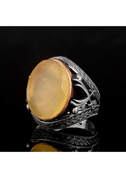 Doğal Taş Erkek Yüzüğü, Kılıç Yüzüğü, 925 Ayar Gümüş Erkek Yüzüğü (Kehribar) fırsatları