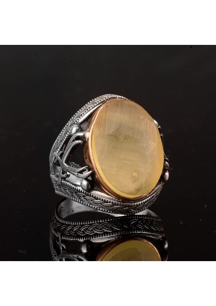 Doğal Taş Erkek Yüzüğü, Kılıç Yüzüğü, 925 Ayar Gümüş Erkek Yüzüğü (Kehribar) indirimleri