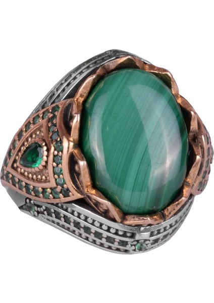 Doğal Taş El Yapımı Yüzük - 925 Ayar Gümüş Şık Yüzük (Malakit)