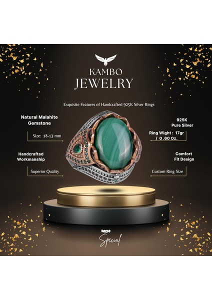 Doğal Taş El Yapımı Yüzük - 925 Ayar Gümüş Şık Yüzük (Malakit) fiyatları