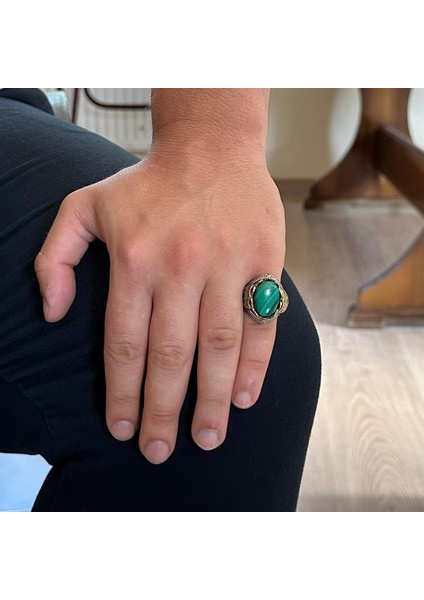 Doğal Taş El Yapımı Yüzük - 925 Ayar Gümüş Şık Yüzük (Malakit) modelleri