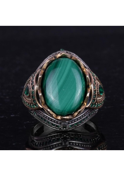 Doğal Taş El Yapımı Yüzük - 925 Ayar Gümüş Şık Yüzük (Malakit) fırsatları