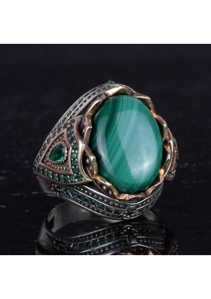 Doğal Taş El Yapımı Yüzük - 925 Ayar Gümüş Şık Yüzük (Malakit) indirimleri