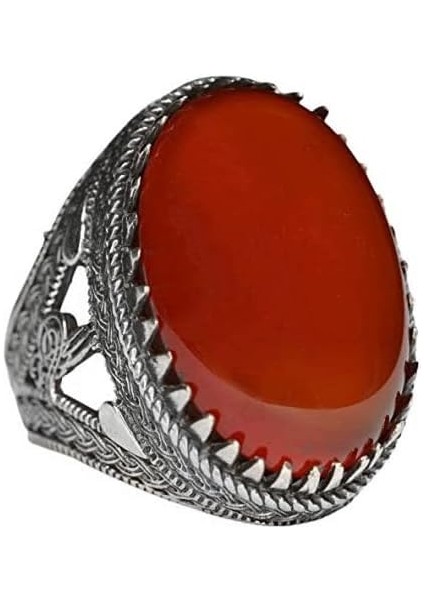 Erkekler Için Sterling Gümüş Yüzük - Doğal Akik Taşı ile Osmanlı Tuğra Tasarımı