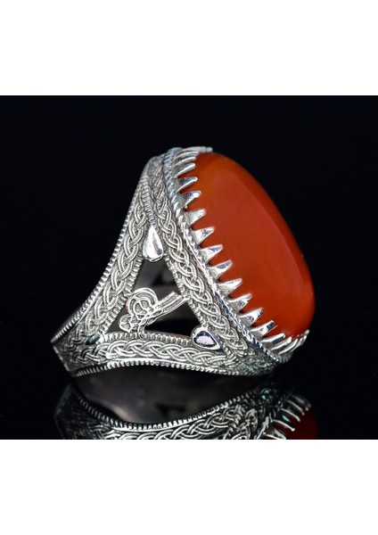 Erkekler Için Sterling Gümüş Yüzük - Doğal Akik Taşı ile Osmanlı Tuğra Tasarımı modelleri