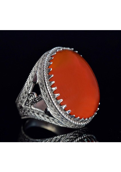 Erkekler Için Sterling Gümüş Yüzük - Doğal Akik Taşı ile Osmanlı Tuğra Tasarımı fırsatları