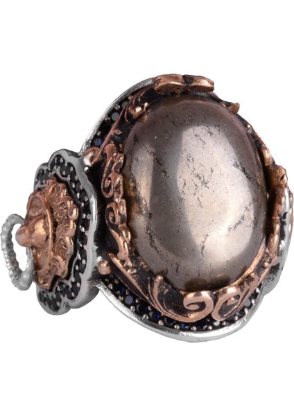 El Yapımı Pirit Taşlı Yüzük, El Yapımı Aslan Başı Erkek Yüzüğü - 925 Ayar Katı Gümüş Erkek Yüzüğü - Refah Manifestasyonu Tasarımı