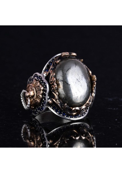 El Yapımı Pirit Taşlı Yüzük, El Yapımı Aslan Başı Erkek Yüzüğü - 925 Ayar Katı Gümüş Erkek Yüzüğü - Refah Manifestasyonu Tasarımı indirimleri