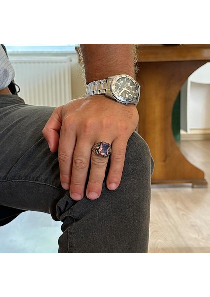 Erkekler Için Kartal Sembollü Yapay Taş Yüzük, El Yapımı 925 Ayar Gümüş Yüzük - Koruma Sembolü (Yapılmış Sultanit) modelleri