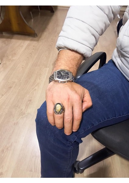 925 Ayar Katı Gümüş Erkek Yüzük - Doğal Cabochon Altın Rutilat Kuvars Taş Yüzük modelleri