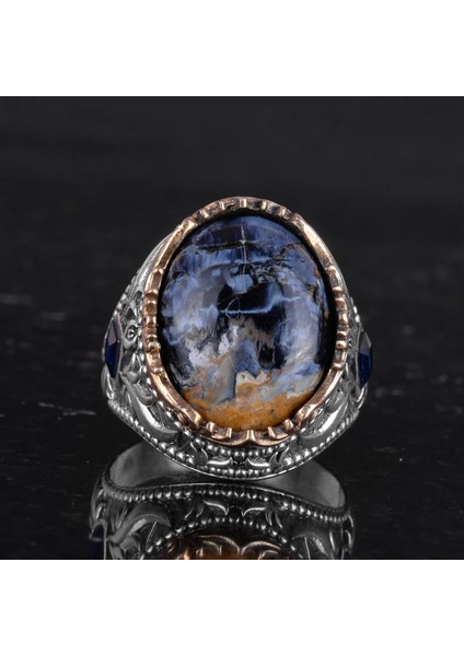 Gerçek Doğal Taş Yüzük - 925 Ayar Gümüş El Yapımı Yüzük (Pietersite) fırsatları