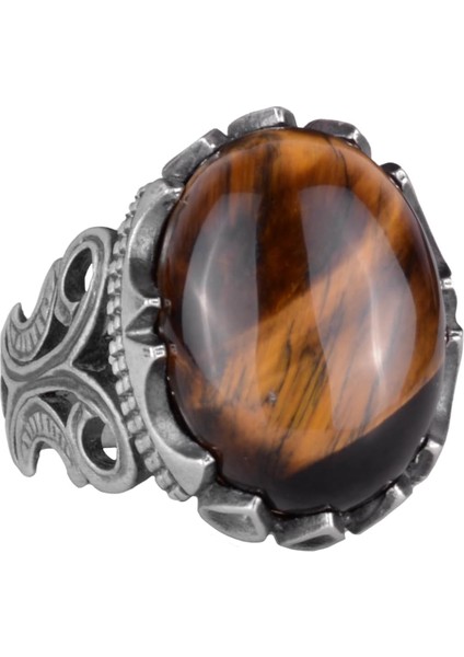 925 Ayar Katı Gümüş Erkek Yüzük - Doğal Taş Seçenekleriyle (Kaplan Gözü)