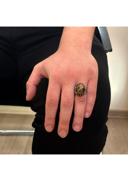925 Ayar Katı Gümüş Erkek Yüzük - Doğal Taş Seçenekleriyle (Kaplan Gözü) modelleri