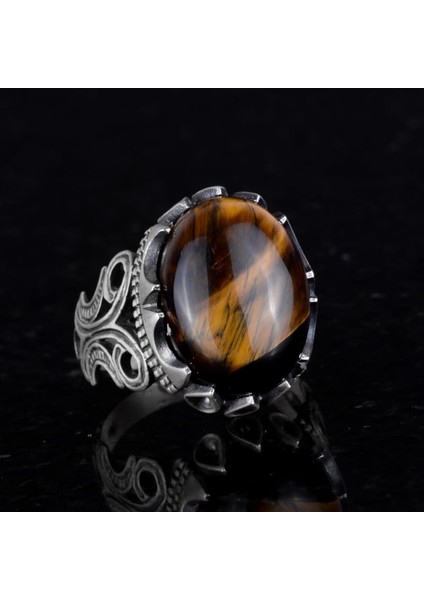 925 Ayar Katı Gümüş Erkek Yüzük - Doğal Taş Seçenekleriyle (Kaplan Gözü) fırsatları