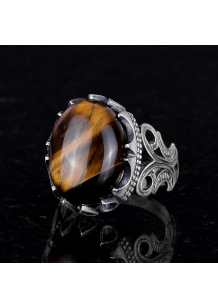 925 Ayar Katı Gümüş Erkek Yüzük - Doğal Taş Seçenekleriyle (Kaplan Gözü) indirimleri