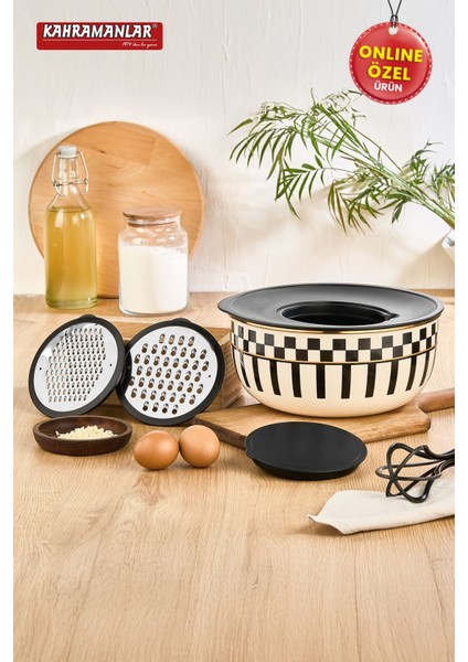 Kahramanlar Prime Cream Emaye 5 Parça Rendeli Saklama ve Karıştırma Kabı 24 cm