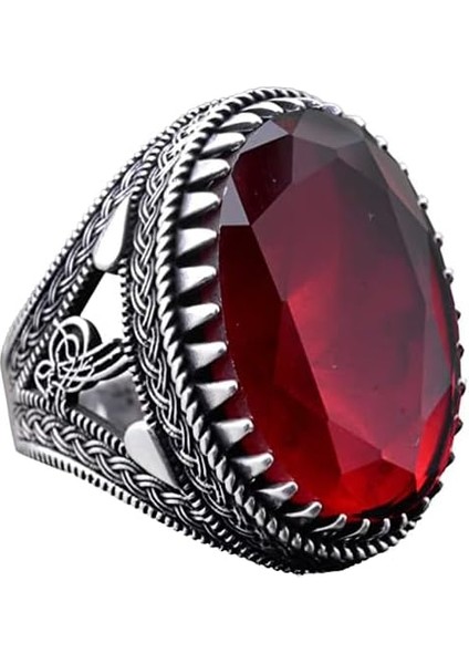 925 Ayar Gümüş Erkek Osmanlı Mühür Yüzük Yapay Granat Taşı ile
