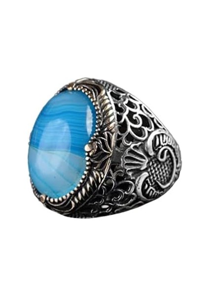 Erkekler Için Doğal Mavi Akik Taşı Yüzük, 925 Ayar Gümüş El Yapımı Osmanlı Tarzı, Şifa Kristali Takı