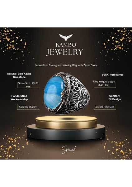 Erkekler Için Doğal Mavi Akik Taşı Yüzük, 925 Ayar Gümüş El Yapımı Osmanlı Tarzı, Şifa Kristali Takı fiyatları