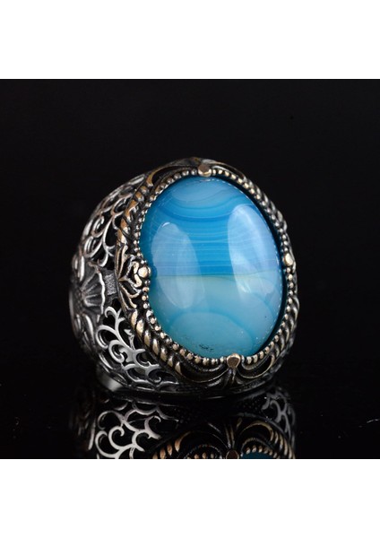 Erkekler Için Doğal Mavi Akik Taşı Yüzük, 925 Ayar Gümüş El Yapımı Osmanlı Tarzı, Şifa Kristali Takı modelleri
