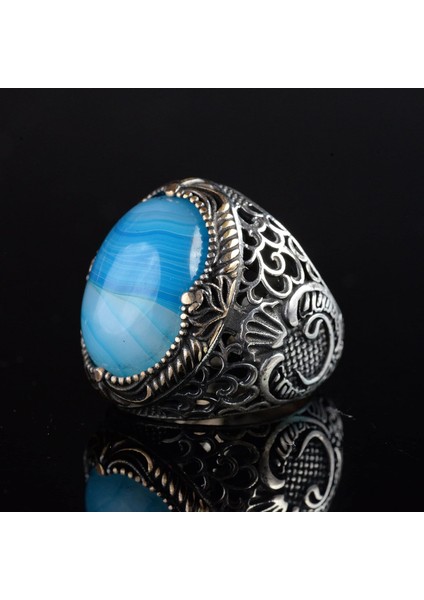 Erkekler Için Doğal Mavi Akik Taşı Yüzük, 925 Ayar Gümüş El Yapımı Osmanlı Tarzı, Şifa Kristali Takı fırsatları