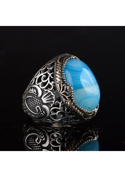 Erkekler Için Doğal Mavi Akik Taşı Yüzük, 925 Ayar Gümüş El Yapımı Osmanlı Tarzı, Şifa Kristali Takı indirimleri
