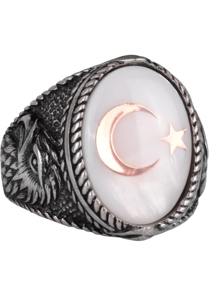 Erkekler Için Ay Yıldız Kartal Yüzüğü - 925 Ayar Gümüş Yüzük Doğal Sedef Taşlı- Hilal ve Yıldız Tasarımı - Türk Ay Yıldız Bayrağı Kartal Tasarım Yüzüğü (Beyaz)