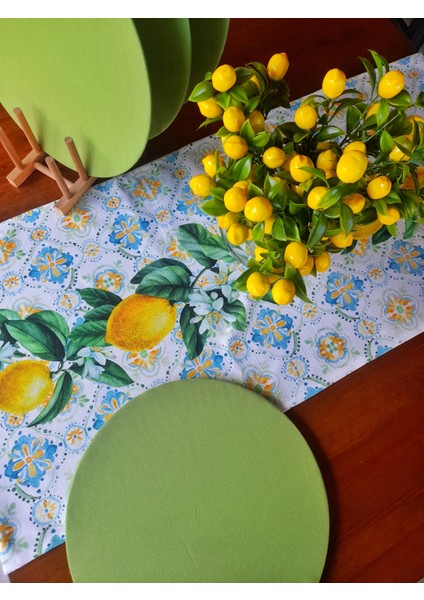 Limon Temalı Leke Tutmayan Runner + 4 Adet Yeşil Supla Giydirme Set