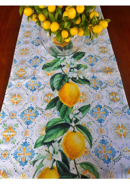 Limon Temalı Leke Tutmayan Runner + 4 Adet Yeşil Supla Giydirme Set
