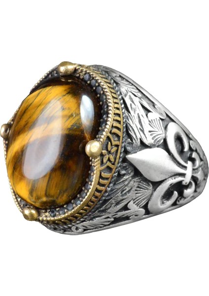 Zambak Desenli Gümüş Yüzük - 925 Ayar Gümüş El Yapımı Erkek Takısı (Kaplan Göz)