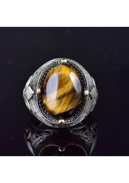 Zambak Desenli Gümüş Yüzük - 925 Ayar Gümüş El Yapımı Erkek Takısı (Kaplan Göz) fiyatları