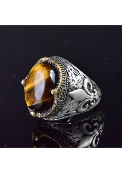 Zambak Desenli Gümüş Yüzük - 925 Ayar Gümüş El Yapımı Erkek Takısı (Kaplan Göz) modelleri