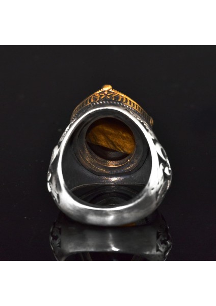 Zambak Desenli Gümüş Yüzük - 925 Ayar Gümüş El Yapımı Erkek Takısı (Kaplan Göz) indirimleri