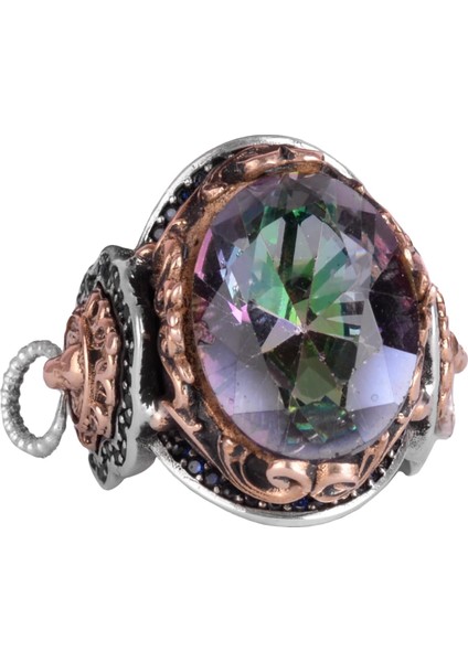 Mistik Topaz Yapay Taş Yüzük, Aslan Başı Erkek Yüzüğü, 925 Ayar Gümüş Yüzük, Tasarım Gümüş Erkek Yüzüğü