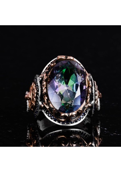 Mistik Topaz Yapay Taş Yüzük, Aslan Başı Erkek Yüzüğü, 925 Ayar Gümüş Yüzük, Tasarım Gümüş Erkek Yüzüğü modelleri