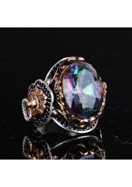 Mistik Topaz Yapay Taş Yüzük, Aslan Başı Erkek Yüzüğü, 925 Ayar Gümüş Yüzük, Tasarım Gümüş Erkek Yüzüğü fırsatları