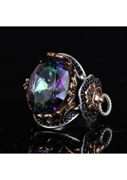 Mistik Topaz Yapay Taş Yüzük, Aslan Başı Erkek Yüzüğü, 925 Ayar Gümüş Yüzük, Tasarım Gümüş Erkek Yüzüğü indirimleri