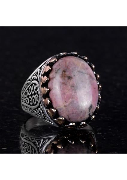 925 Ayar Katı Gümüş Erkek Yüzük Doğal Taşlarla - El Yapımı Şıklık (Rhodonit Taşı) fırsatları