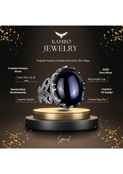 925 Ayar Gümüş Erkek Yüzük - Farklı Yapay Taş Seçenekleri ile Mevcuttur (Lacivert Kedi Gözü Yapay Taş) fiyatları