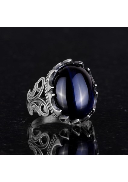 925 Ayar Gümüş Erkek Yüzük - Farklı Yapay Taş Seçenekleri ile Mevcuttur (Lacivert Kedi Gözü Yapay Taş) fırsatları