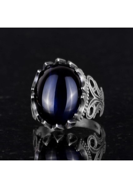 925 Ayar Gümüş Erkek Yüzük - Farklı Yapay Taş Seçenekleri ile Mevcuttur (Lacivert Kedi Gözü Yapay Taş) indirimleri