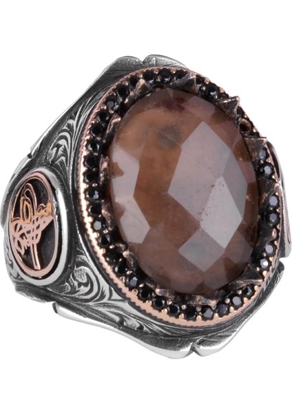 925 Ayar Katı Gümüş Erkek Yüzük Doğal Taşlarla - El Yapımı Zarafet (Dumanlı Kuvars Taşı)