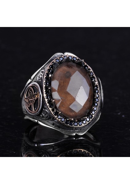 925 Ayar Katı Gümüş Erkek Yüzük Doğal Taşlarla - El Yapımı Zarafet (Dumanlı Kuvars Taşı) fiyatları