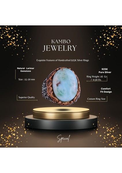 Doğal Taş El Yapımı Yüzük - 925 Ayar Gümüş El Yapımı Yüzük - Şık Farklı Yüzük (Larimar) fiyatları