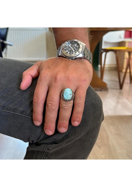 Doğal Taş El Yapımı Yüzük - 925 Ayar Gümüş El Yapımı Yüzük - Şık Farklı Yüzük (Larimar) modelleri