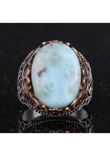 Doğal Taş El Yapımı Yüzük - 925 Ayar Gümüş El Yapımı Yüzük - Şık Farklı Yüzük (Larimar) fırsatları