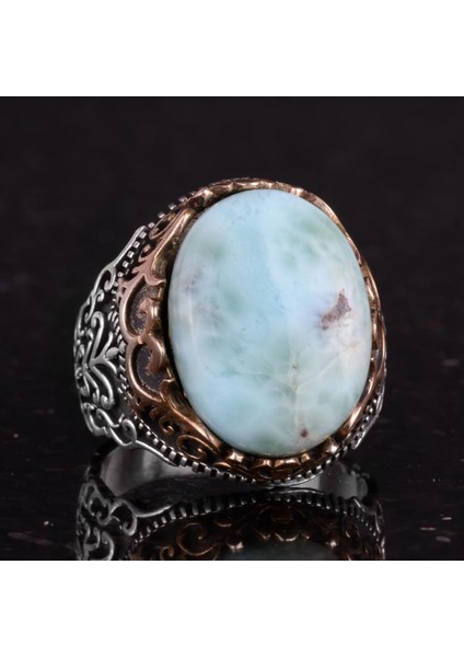 Doğal Taş El Yapımı Yüzük - 925 Ayar Gümüş El Yapımı Yüzük - Şık Farklı Yüzük (Larimar) indirimleri