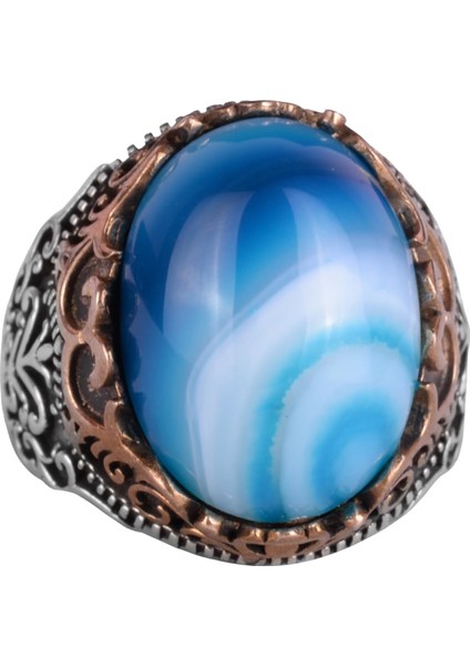 Doğal Taş El Yapımı Yüzük - 925 Ayar Gümüş El Yapımı Yüzük - Şık Farklı Yüzük (Mavi Akik)