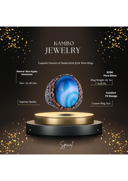 Doğal Taş El Yapımı Yüzük - 925 Ayar Gümüş El Yapımı Yüzük - Şık Farklı Yüzük (Mavi Akik) fiyatları