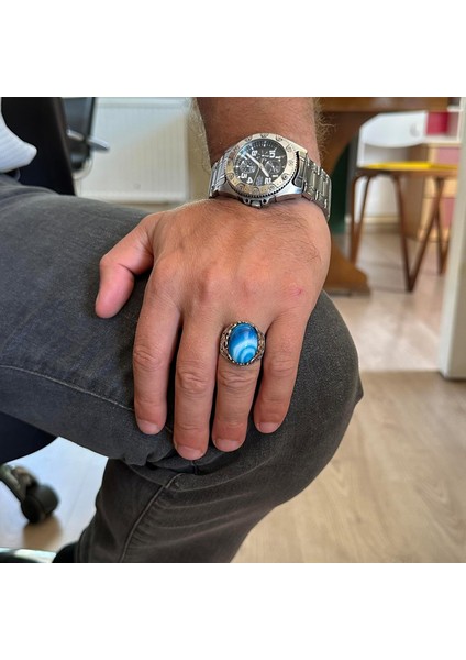 Doğal Taş El Yapımı Yüzük - 925 Ayar Gümüş El Yapımı Yüzük - Şık Farklı Yüzük (Mavi Akik) modelleri